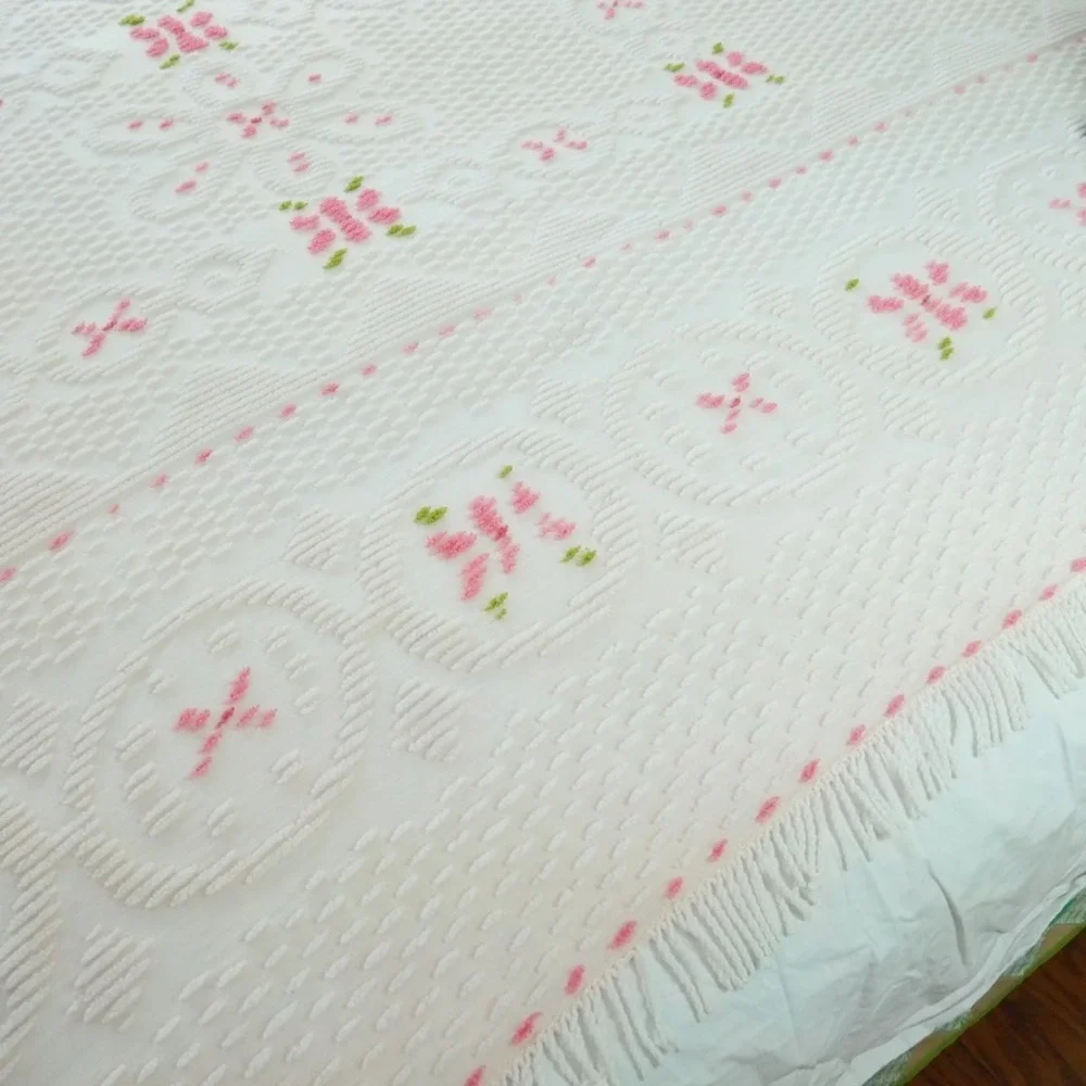 Vintage White Chenille Bedspread Pink Green Floral Tufted Fringe Twin 99x71